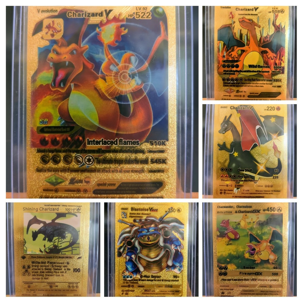 Lot of 13 Gold Foil FanArt Charizard & Blastoise Pokemon Cards In Top Lo…